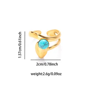Detailed size specifications for gold bohemian ring featuring turquoise bead inlay