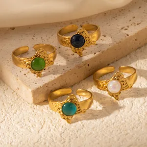 Anelli regolabili a farfalla placcati oro 18k con gemme verdi e blu vintage