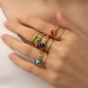 Close-up of 18k gold plated titanium ring set with colorful stones on model's hand