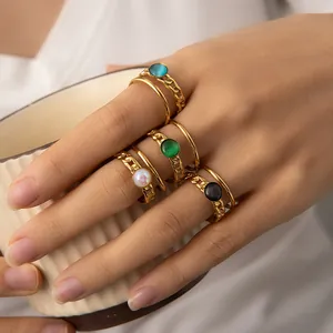 Adjustable 18k gold plated titanium ring set with colorful round stones and chain texture