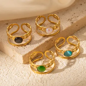 Set of four adjustable 18k gold plated titanium steel rings with colorful gemstones