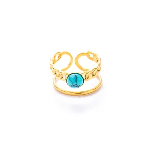 Detailed macro view of 18k gold double-layer adjustable ring with blue turquoise stone