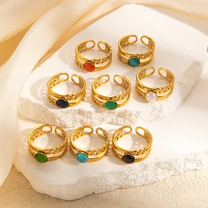Anello Aperto Vintage in Acciaio al Titanio a Doppio Strato da Donna Oro Placcato Trama Catena Regolabile con Gemma Rotonda