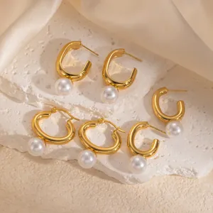Orecchini Pendenti con Perla Artificial in Acciaio Inossidabile Oro Stile Palazzo Francese per Donna Eleganti Orecchini Geometrici Tondi