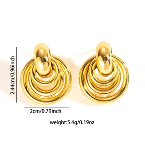 Detail view of 18k gold plated chunky layered hoop earrings with size and weight specs