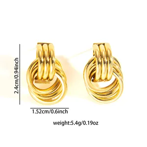 Detail showing 18k gold plated heavy layered hoop earrings with precise dimensions