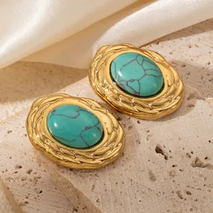 French style 18K gold plated titanium earrings with oval turquoise stone settings