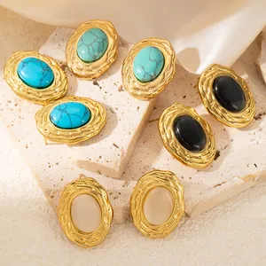 Three pairs of vintage 18K gold plated titanium oval earrings with colorful stone inlays