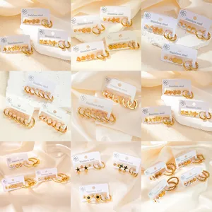 Fashion Stainless Steel Rhinestone Earrings Geometric Heart Star Flower Design Gold Plated Jewelry For Women Girls Gift