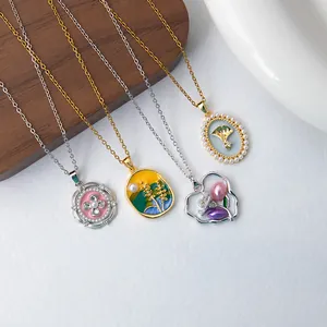French Retro Stainless Steel Enamel Flower Pendant Necklace Elegant Tulip Ginkgo Butterfly Artificial Pearl Zirconia Jewelry For Women