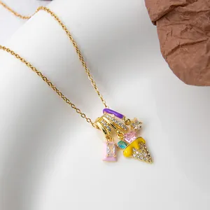 Golden chain necklace featuring pink zircon ice cream and star charms in sweet style