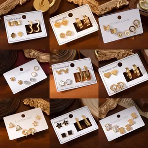 Ensemble de boucles d'oreilles en acier inoxydable doré avec chiffres romains et fleurs