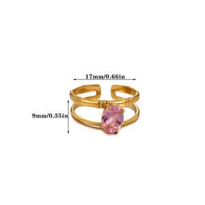 Detail view of gold bamboo texture ring with pink oval crystal and size markings