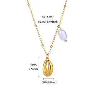 Detail showing dimensions of vintage shell pendant and pearl on gold chain necklace