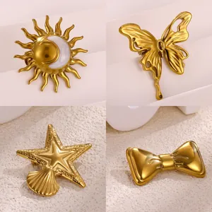 Broche Vintage en Acier Inoxydable Plaqué Or 18K pour Femme Forme Soleil Lune Papillon Étoile de Mer Nœud Accessoires de Costume Manteau