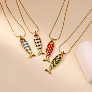 Ocean style colorful enamel fish pendant necklaces with golden chains in four vibrant colors