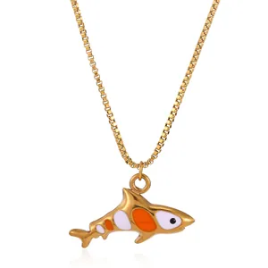 Gold stainless steel shark pendant necklace with orange and white enamel finish