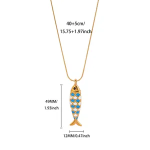 Detailed view of ocean-style enamel fish pendant necklace with size dimensions in cm