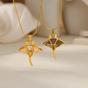 Marine style stainless steel manta ray pendant necklaces with pink and colorful abalone shells