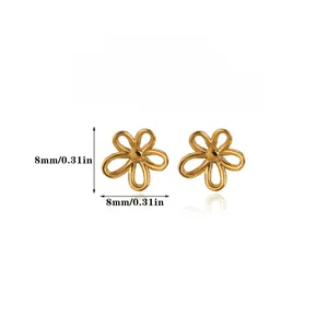 Close-up of 8mm gold hollow flower stud earrings showing 18K plated stainless steel detail