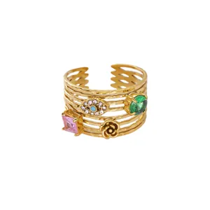Anello aperto multistrato in oro 18 carati con malocchio e zirconi colorati