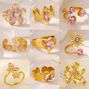 Stainless Steel Pink Rhinestone Heart Flower Open Ring For Women Vintage Elegant Gold Plated Adjustable Fashion Jewelry Gift
