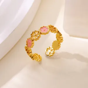 Elegant stainless steel open ring with pink zircon heart and floral pattern for women