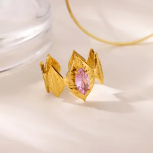 Elegant gold stainless steel open ring featuring a marquise pink zircon heart flower design