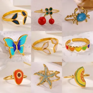 Tropical Enamel Ocean Style Fruit Stainless Steel Open Rings For Women Colorful Heart Cherry Avocado Butterfly Adjustable Finger Ring Fashion Jewelry