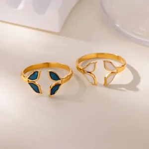 Adjustable golden stainless steel open rings with blue and white enamel fishtail design