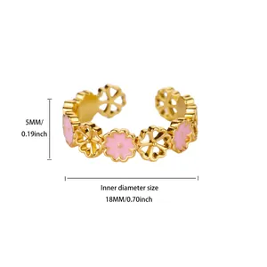Detail showing dimensions of golden stainless steel ring with pink zircon flower patterns