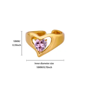Pink heart zircon flower ring in gold stainless steel with open adjustable band