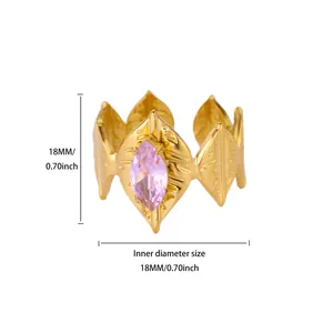 Detail view of pink zircon heart ring in gold finish showing 18mm inner diameter size