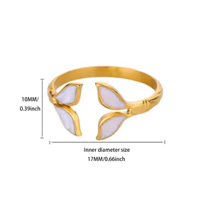 Detailed size specifications for a gold-tone fishtail open ring with pearl inlay