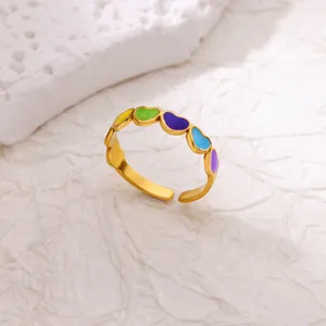 Adjustable gold ring with five colorful rainbow heart enamel charms for women