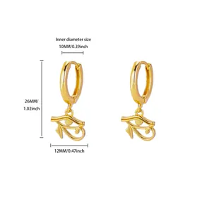 Detail showing dimensions of 18K gold plated Eye of Horus hoop earrings with measurements