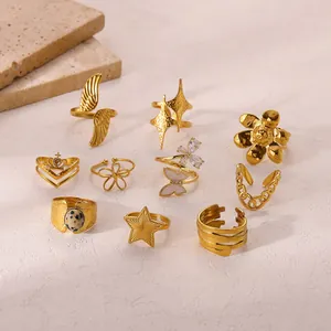 10-piece gold stainless steel ring set with angel wings, heart crown and butterfly charms