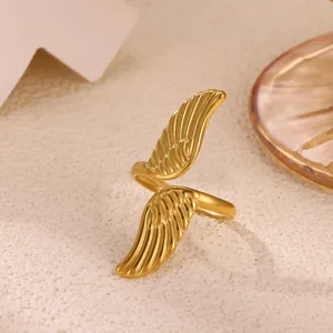 Minimalist adjustable open ring with 18K gold-plated double angel wings design
