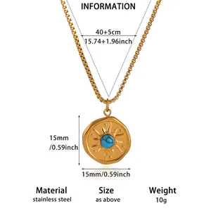 Size specifications for stainless steel necklace with sunburst turquoise stone pendant