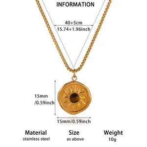 Detailed view of sun pendant necklace with tiger eye stone and dimensions labeled
