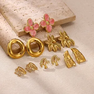 Orecchini a Bottone in Acciaio Inossidabile 304 Placcati Oro 18K Foglia Fiore Stella Luna Croce per Donna Gioielli Moda