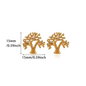 Detail view of tree-shaped 18K gold plated earrings with exact size measurements