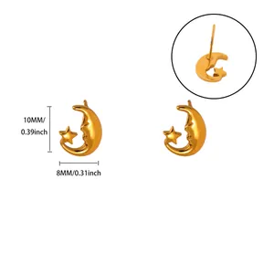 Detailed macro view showing the front and back of gold-plated moon and star earrings