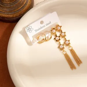 Parure de boucles d'oreilles en acier doré avec chiffres romains et perles