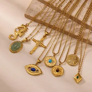 Vintage Elegant Stainless Steel Pendant Necklace Green Emerald Turquoise Cross Evil Eye Seahorse Lips Jewelry For Women