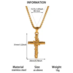 Detailed dimensions and specs of stainless steel rose cross necklace in gold