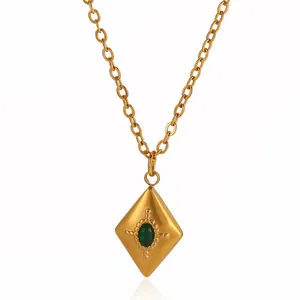 Retro emerald pendant necklace in gold stainless steel with textured diamond-shaped charm