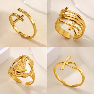 Stainless Steel 18K Gold Plated Open Ring For Women Cross Virgin Mary DNA Helix Ankh Adjustable Religious Band Jewelry