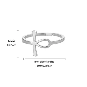 Detailed size chart showing 12mm height and 18mm diameter for silver ankh ring