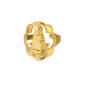 Close-up of 18K gold-plated adjustable ring featuring a religious icon and floral edge